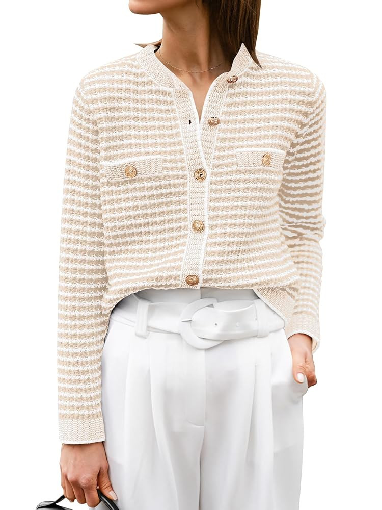 ANRABESS Women's Striped Cardigan Sweaters Casual Long Sleeve Open Front Button Down Knit Cropped... | Amazon (US)