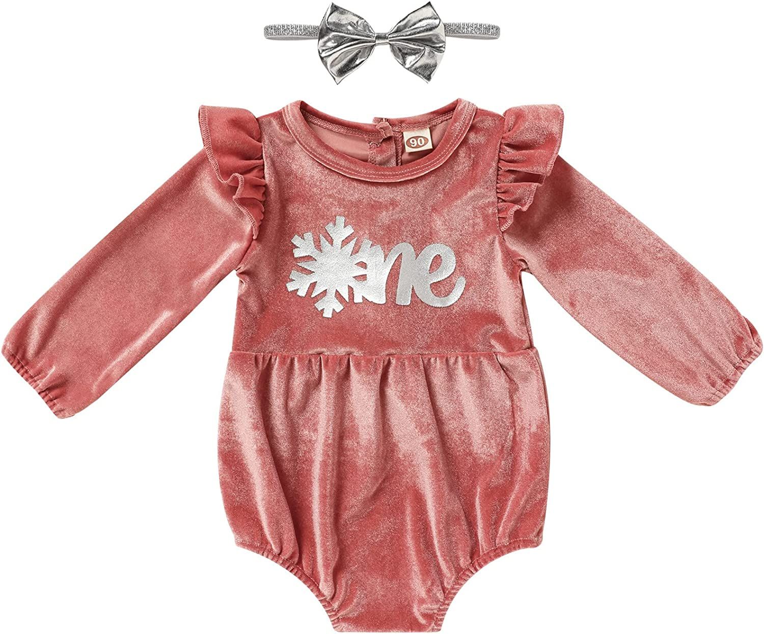 GRNSHTS Baby Girl First Birthday Clothes Velvet One Year Old Romper Long Sleeve Bodysuit+Headband... | Amazon (US)