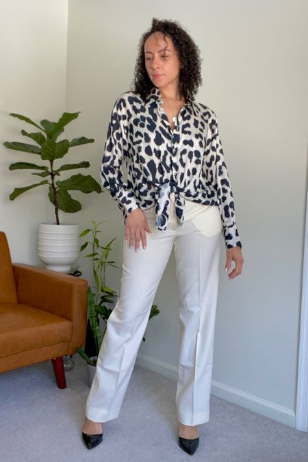 Dressy casual look if the day. 

Love these beige dressy pants, they are a bit see three nothing light undies won’t solve.

Leopard satin print op and black heels. 

For reference I’m 5’7 155lbs wearing a size 10 in the pants. 

#LTKstyletip #LTKMostLoved #LTKover40