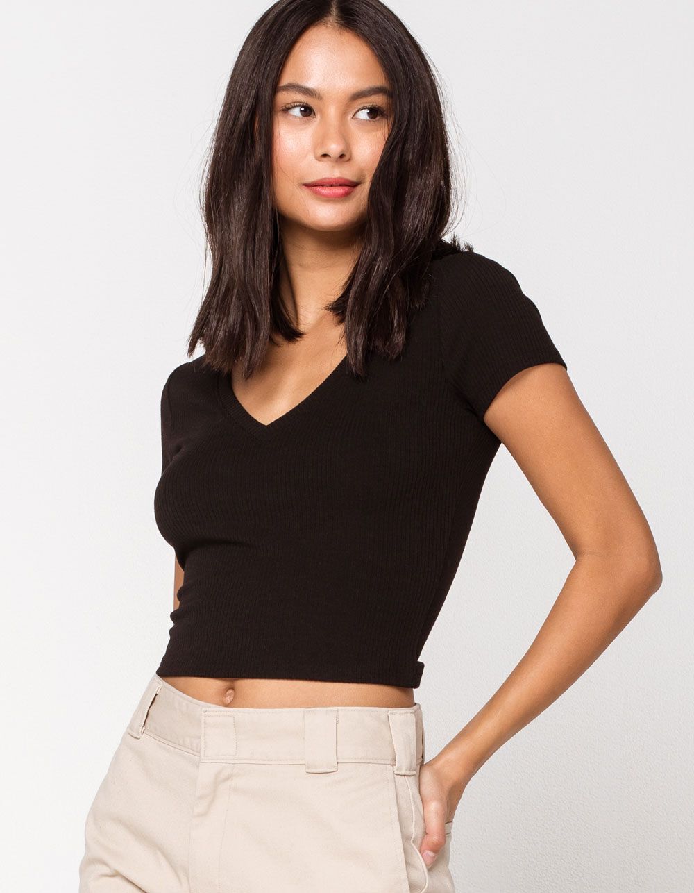 DESTINED Ribbed V-Neck Black Crop Tee | Tillys