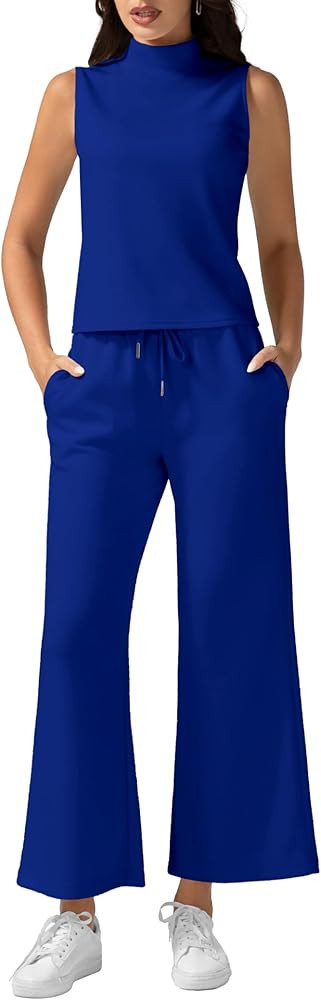 Women's Summer 2 Piece Outfits Mock Neck Tank Top Cropped Wide Leg Pants Lounge Sets 2024 Fashion... | Amazon (US)