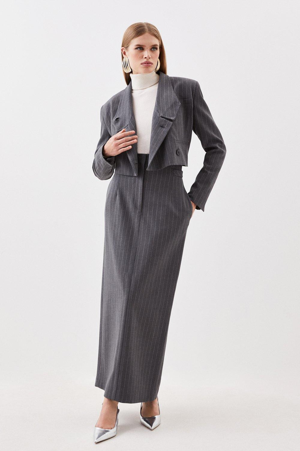 Tailored Compact Stretch Pinstripe High Waist Tab Detail Maxi Skirt | Karen Millen UK + IE + DE + NL