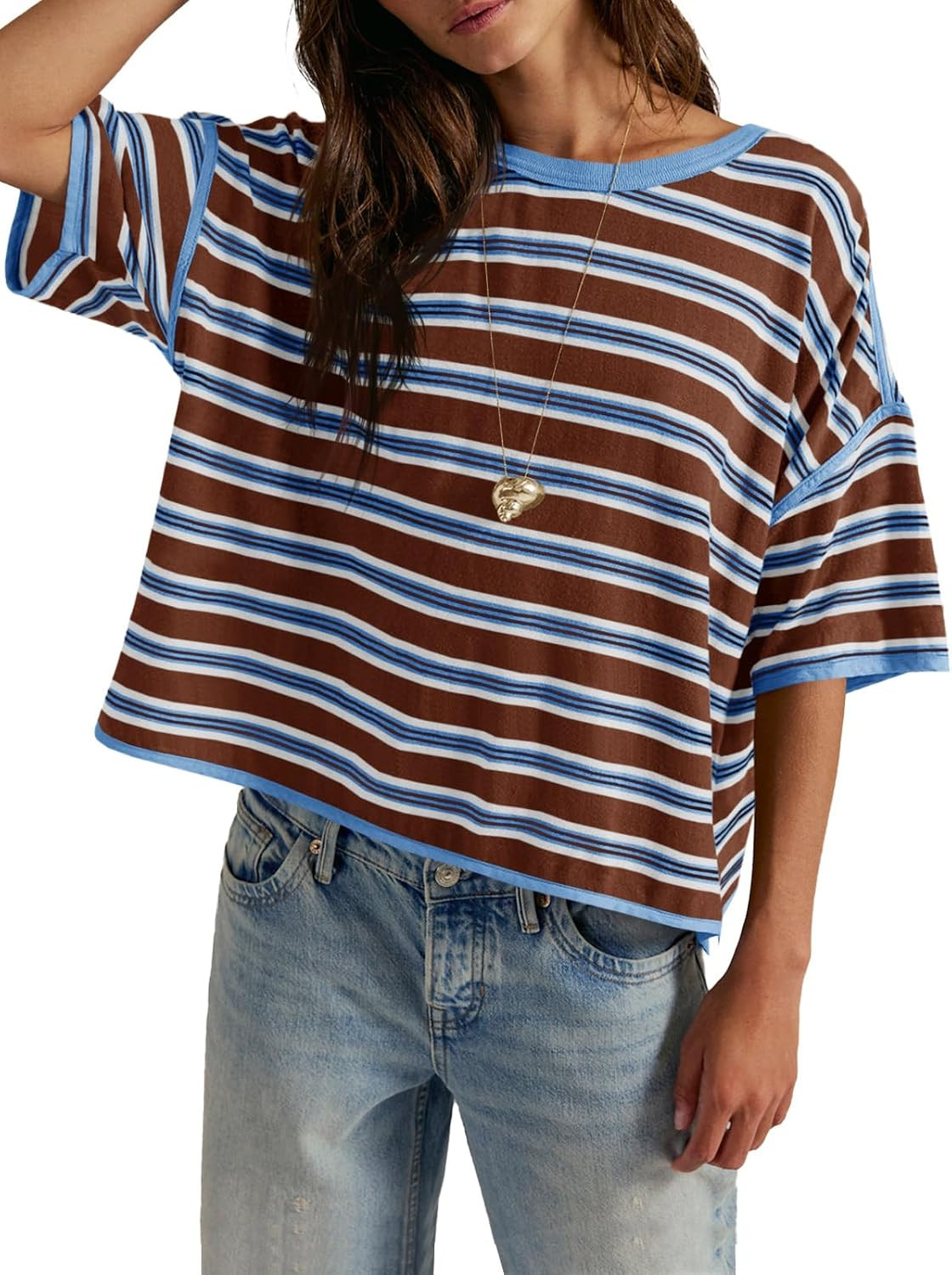 Tankaneo Womens Oversized Striped Tshirts Summer Short Sleeve Tops Boxy Tee | Amazon (US)