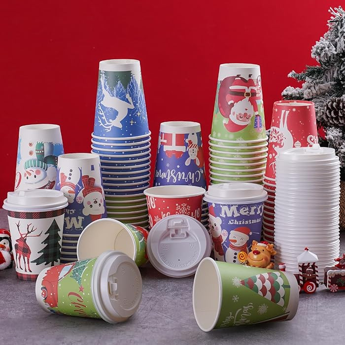 Christmas Cups with Lids 12oz Disposable Coffee Cups Paper Cups with Lids 10 Designs Christmas Pa... | Amazon (US)