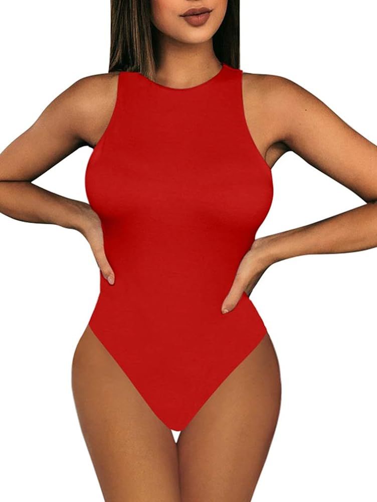 XXTAXN Women's Sexy Basic Sleeveless Round Neck Bodycon One Piece Bodysuit | Amazon (US)