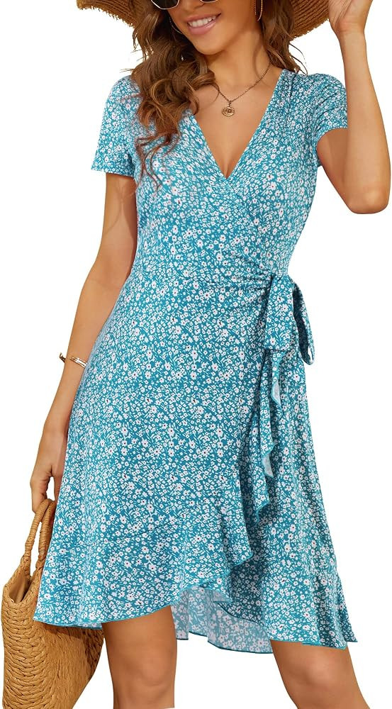 MSBASIC Women's Floral Summer Dress Wrap V Neck Short Sleeve Belted Ruffle Aline Knee Length Dres... | Amazon (US)