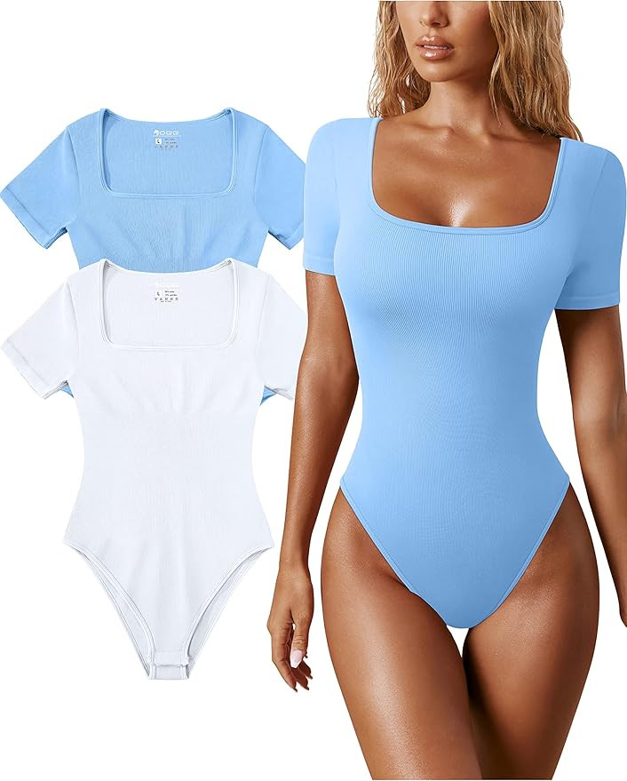 OQQ Women's 2 Piece Bodysuits Sexy Ribbed One Piece Square Neck Short Sleeve Bodysuits | Amazon (US)