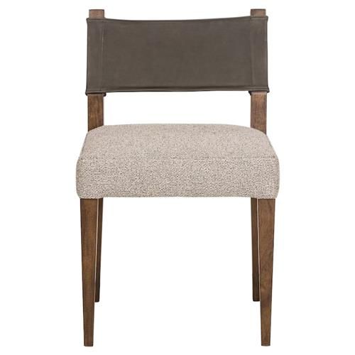 Ely Rustic Grey Performance Leather Back Brown Wood Dining Side Chair | Kathy Kuo Home