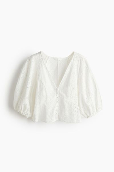 Blouse with Eyelet Embroidery - V-neck - 3/4 sleeve - White - Ladies | H&M US | H&M (US + CA)