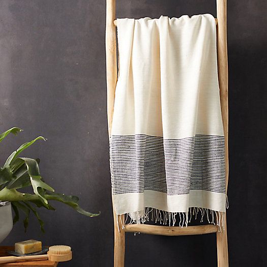 Fringed Cotton Bath Towel, Cream Stripe | Terrain