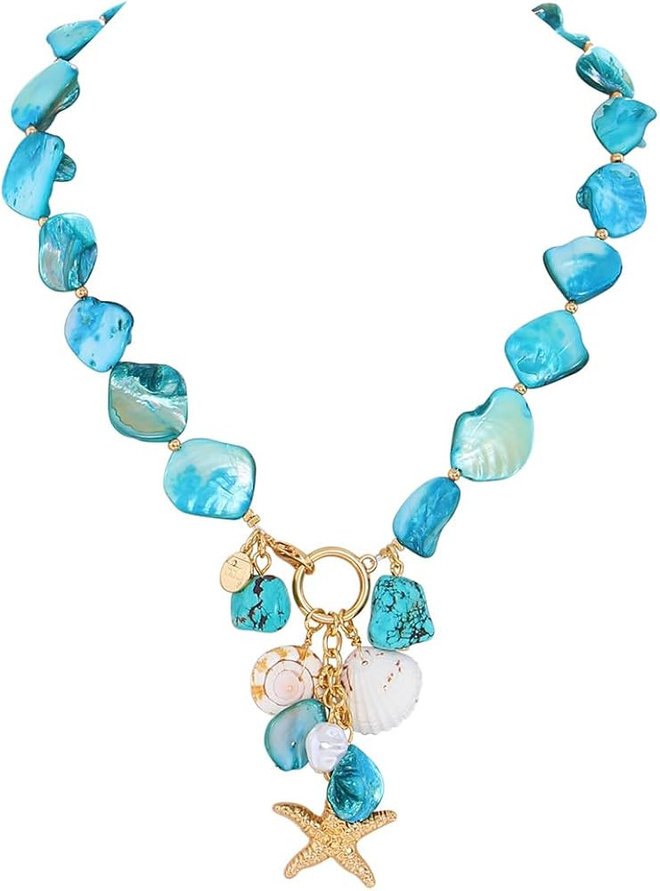 Firstmeet Natural Freshwater Shell Choker With Pearl Starfish Turquoise Pendant Irregular Mother ... | Amazon (US)