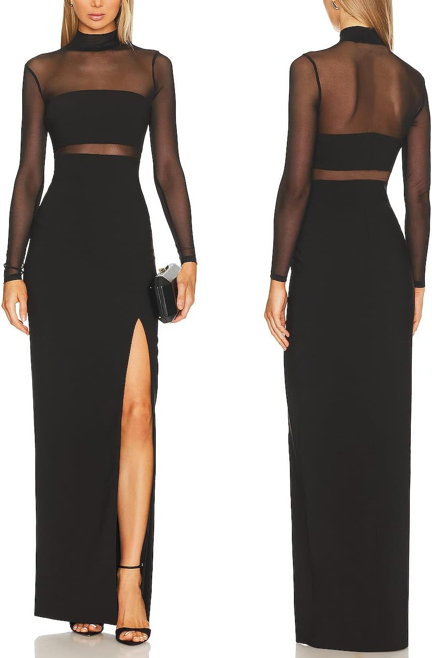 Women Lace Mesh Long Sleeves Turtleneck Bodycon Maxi Dress with Side Slit | Amazon (US)
