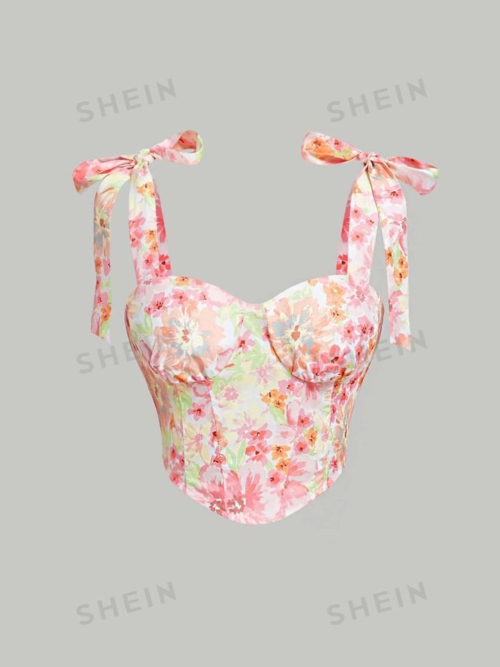 SHEIN MOD Floral Print Knot Shoulder Cami Summer Scarf Irregular Hem Cropped Top | SHEIN