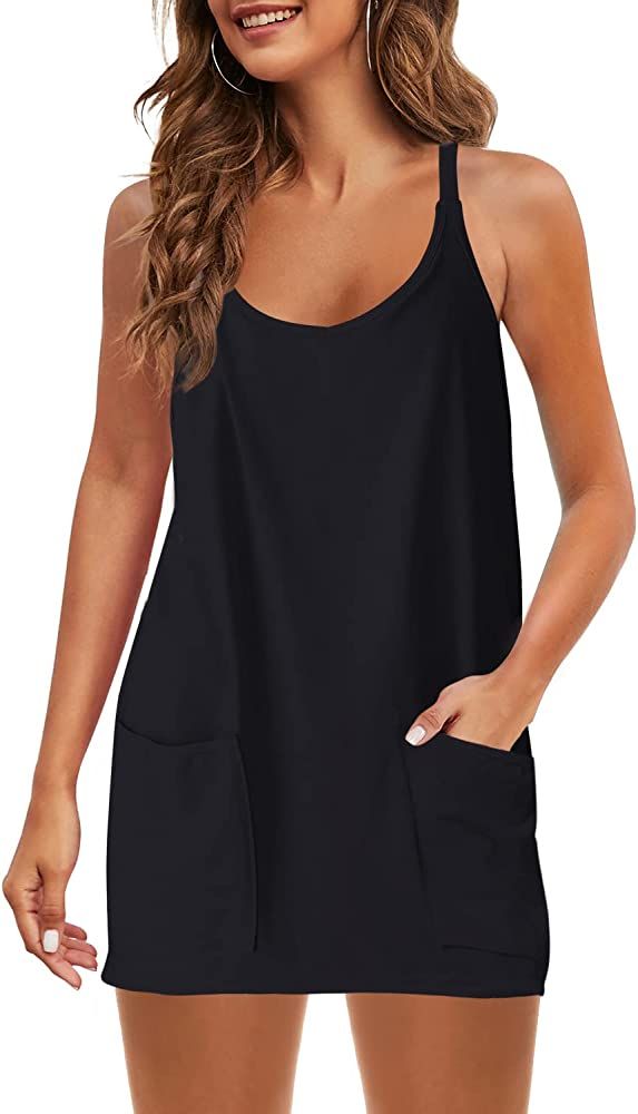 Panadila Womens Summer Sleeveless Mini Dress V Neck Spaghetti Strap Sundress Athletic Short Dress wi | Amazon (US)