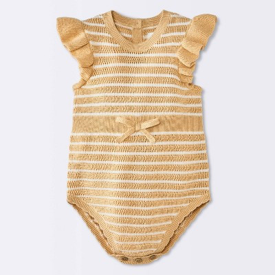 Baby Girls' Striped Ruffle Pointelle Sweater Tank Romper - Cloud Island™ Yellow 6-9M | Target
