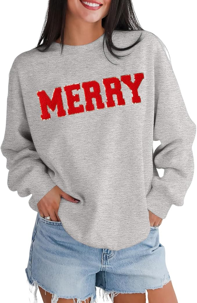 BOUTIKOME Merry Christmas Sweatshirts for Women Glitter Patch Merry Letter Shirts Chenille Patch ... | Amazon (US)