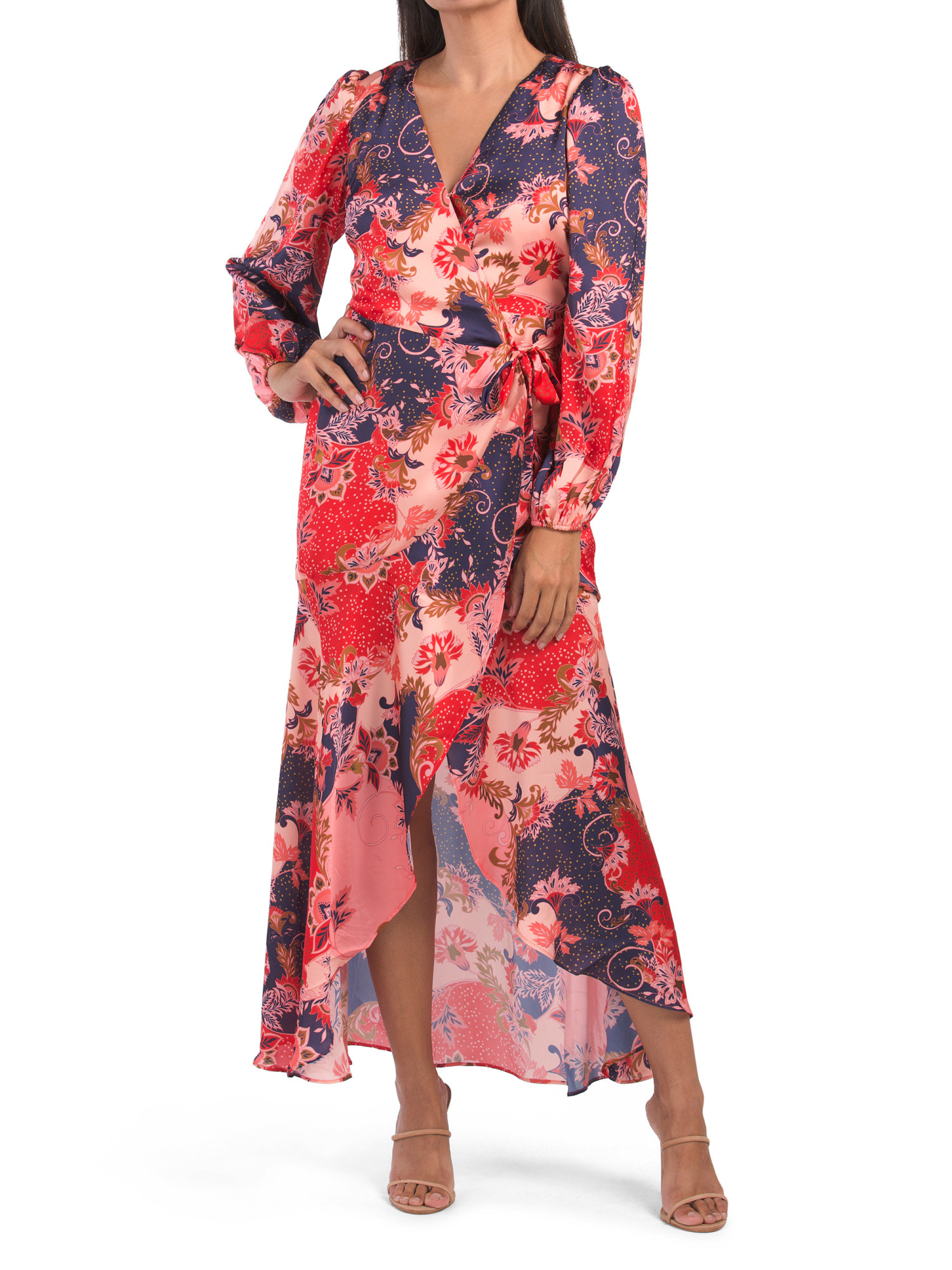 Long Sleeve Printed Maxi Dress With Cascade Hem | TJ Maxx