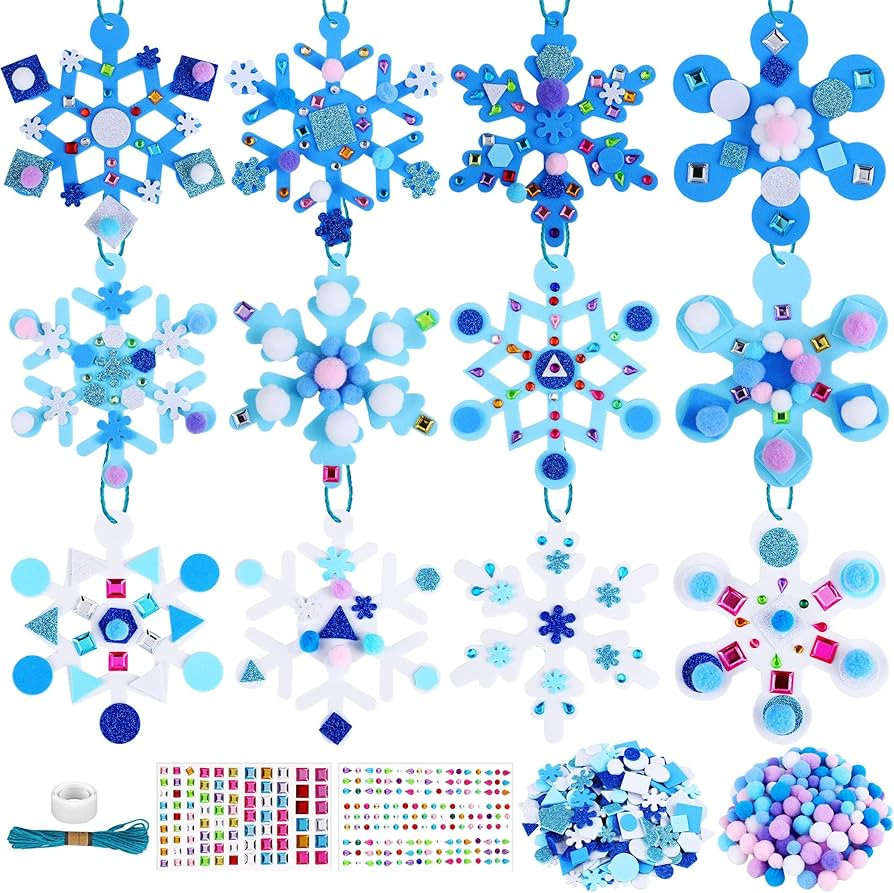 Fovths 12 Pieces Christmas Snowflake Foam Crafts Ornaments DIY Kit 200 Pieces Foam Stickers 2 She... | Amazon (US)