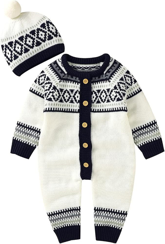 Newborn Baby Romper with Hat Clothes Set Infant Girl Boy Knitted Sweater Jumpsuit Long Sleeve | Amazon (US)