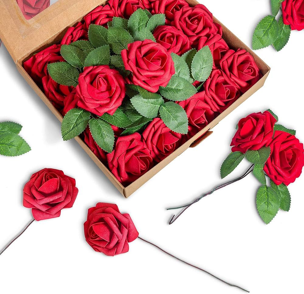 BeautifulLife 25pcs Artificial Flowers Dark Red Roses - Real Looking Fake Flowers, DIY Wedding De... | Amazon (US)