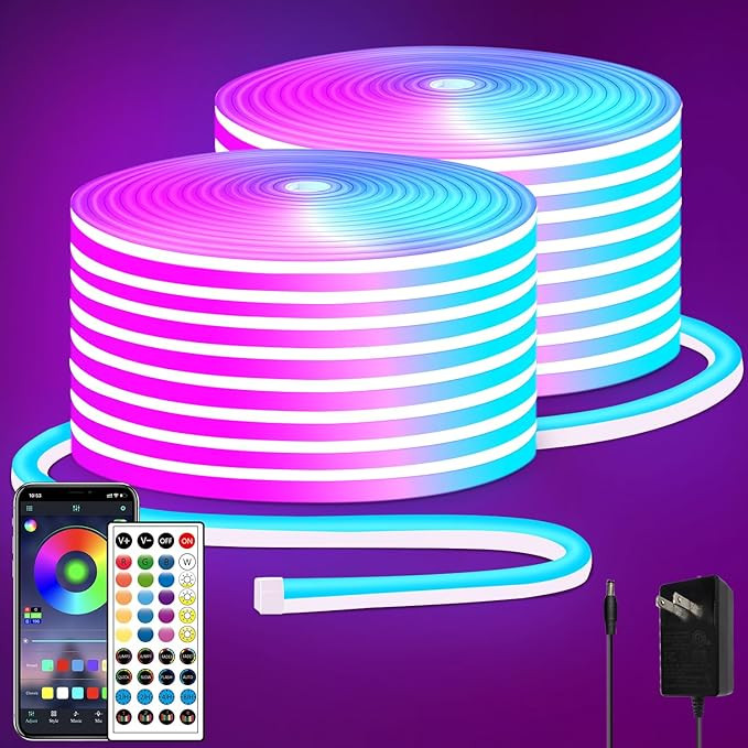 100FT RGB LED neon Rope Lights LED neon Lights with Remote/APP Control 24V IP65 Waterproof Flexib... | Amazon (US)