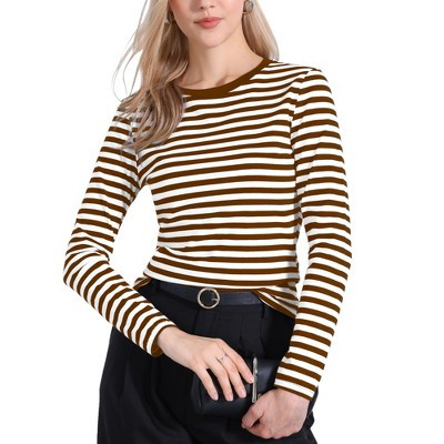 INSPIRE CHIC Women's Striped Long Sleeve Crew Neck Slim Fit Color Block T-Shirts Large Brown Stripe | Target