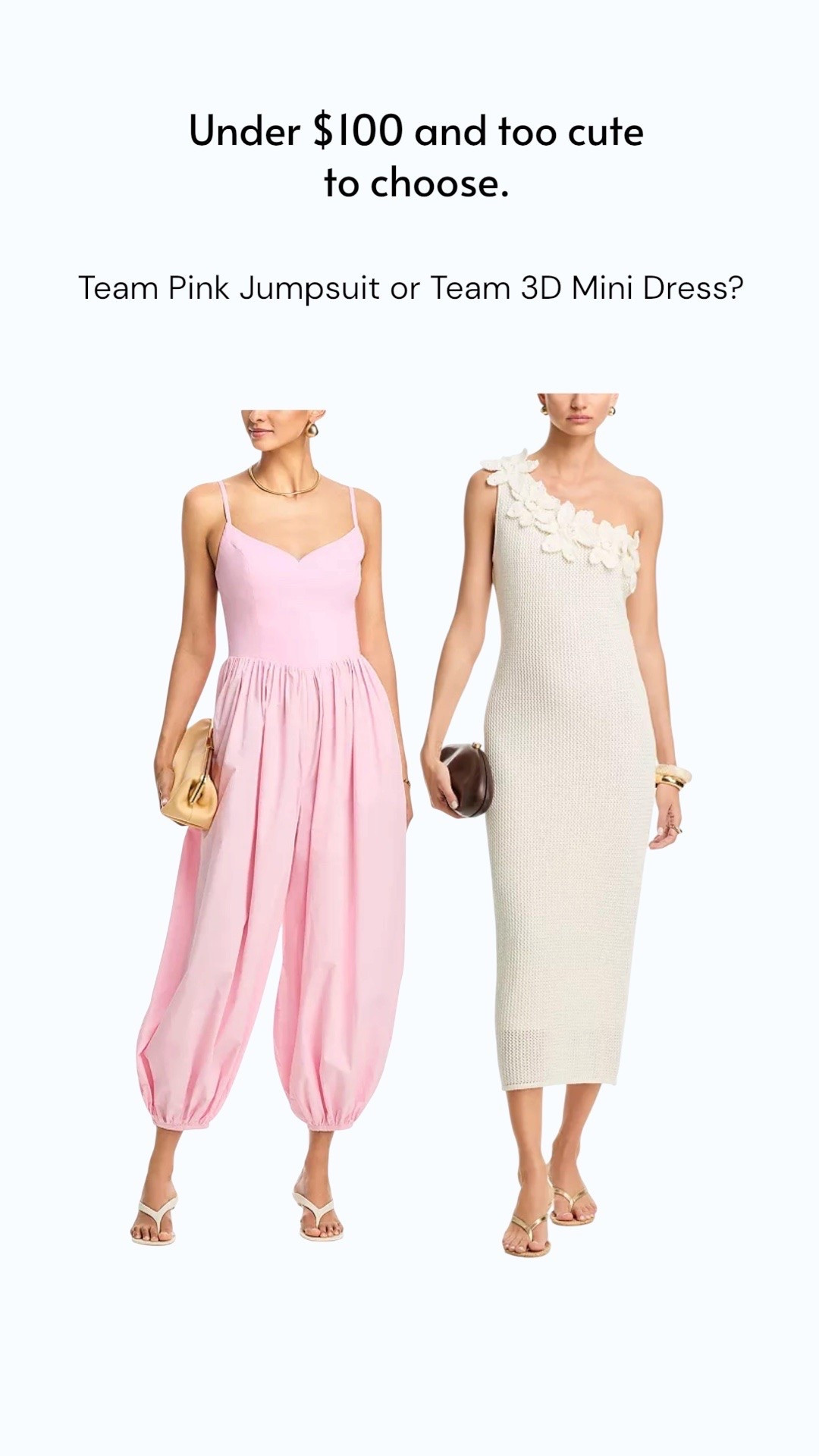 Under $100(after promo) picks: Pink jumpsuit or 3D floral midi dress? 💕 Which one are you choosing?