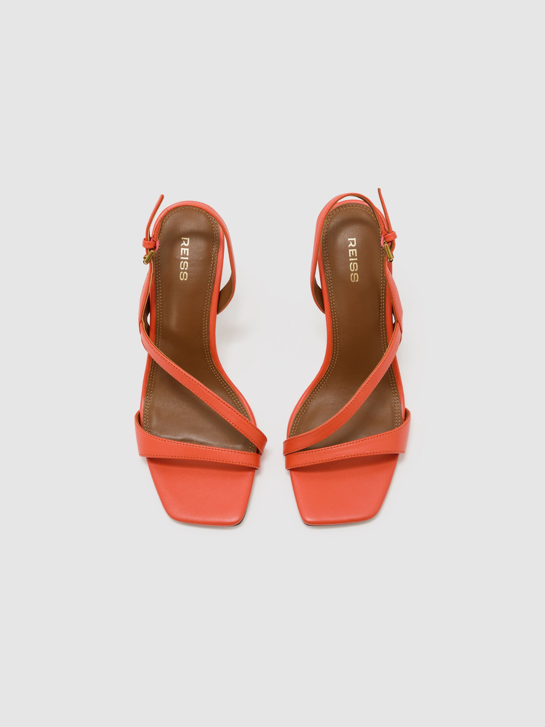 Reiss Leather Cross-Strap Heeled Sandals in Coral | REISS | Reiss DE