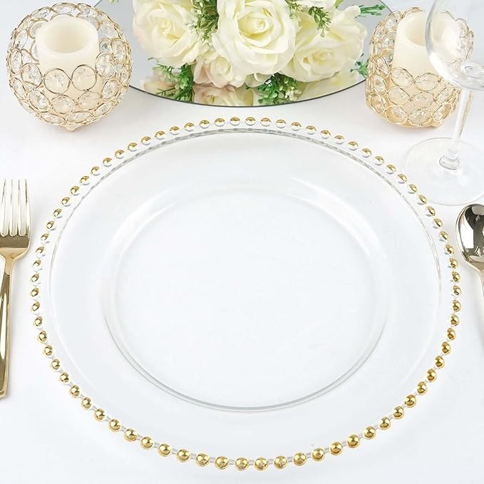 Efavormart 8 Pack | 12" Gold Beaded Round Glass Charger Plates, Event Tabletop Decor | Amazon (US)