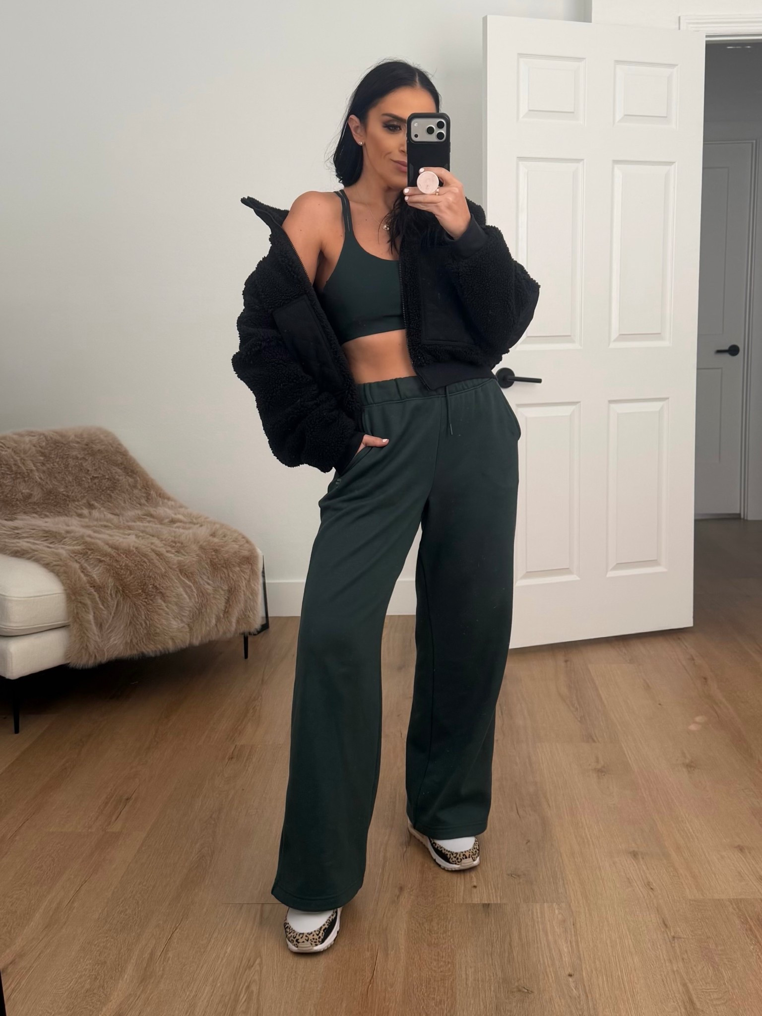 Cozy Fleece Wide Leg Sweatpant wearing size small. Principal Low Impact Bra wearing size small. 
