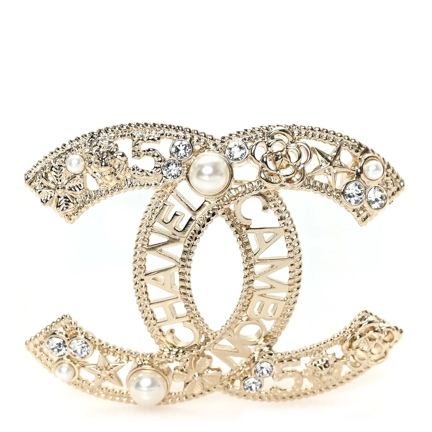 Chanel Crystal Pearl Chanel Charms CC Logo Brooch Gold 1915154 | FASHIONPHILE (US)