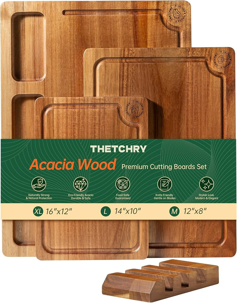 Acacia Wood Cutting Boards for Kitchen, Premium Wood Cutting Board Set with Holder, Chopping Boar... | Amazon (US)