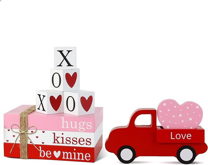 Valentines Day Decorations Wooden Sign, Valentines Wood Book Stack with 4 XOXO Signs & Red Truck ... | Amazon (US)