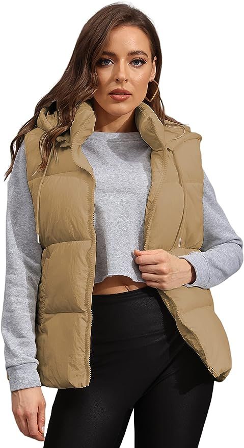Tanming Black Puffer Vest Women Zip Up Lightweight Sleeveless Winter Outerwear Vests with Hood | Amazon (US)