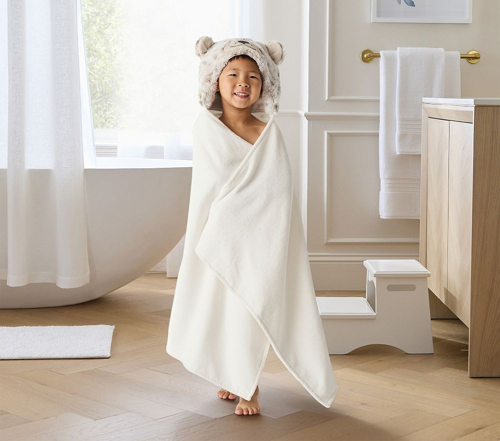 Snow Leopard Faux Fur Kid Hooded Towel | Pottery Barn Kids