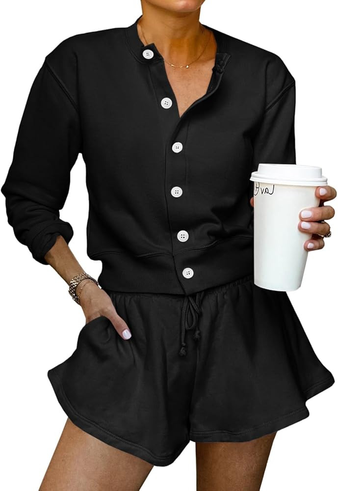 Tankaneo Womens 2 Piece Outfits Sweatsuit Button Down Tops and Shorts Casual Matching Lounge Set ... | Amazon (US)