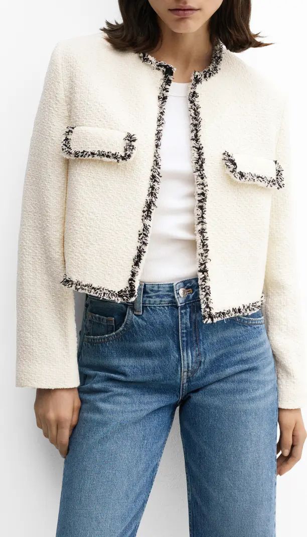 MANGO Cinta Open Front Crop Tweed Jacket | Nordstrom | White Blazer | Whote Jacket | Work Wear Style | Nordstrom