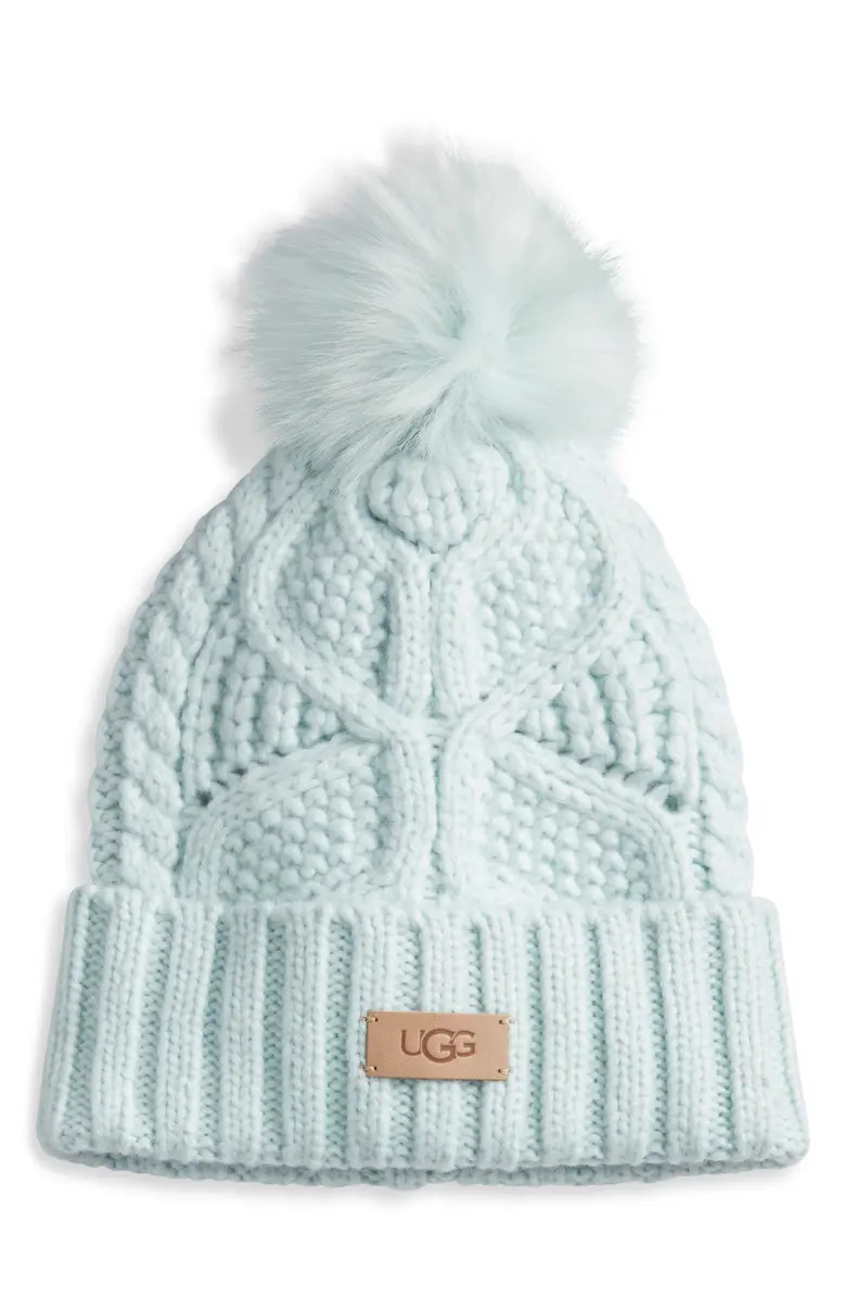 UGG® Faux Fur Pompom Cable Knit Beanie | Nordstrom | Nordstrom