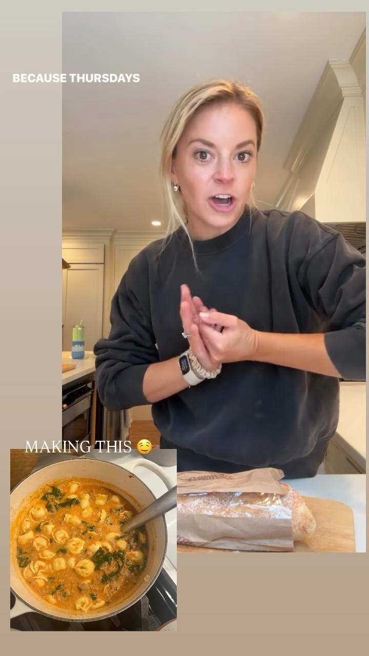 The best Tortellini Soup! It’s called the creamy tortellini soup from the modern proper and has Italian sausage and kale. 
*sweatshirt on sale. I sized up 1 to a medium