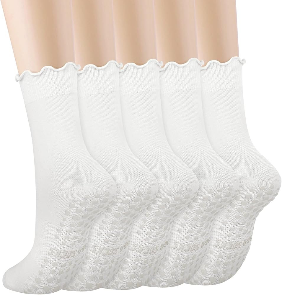 5 Pairs Pilates Yoga Socks with Grips for Women, Cute Cotton Ruffle Frilly Cuff Non Slip Grippy A... | Amazon (US)