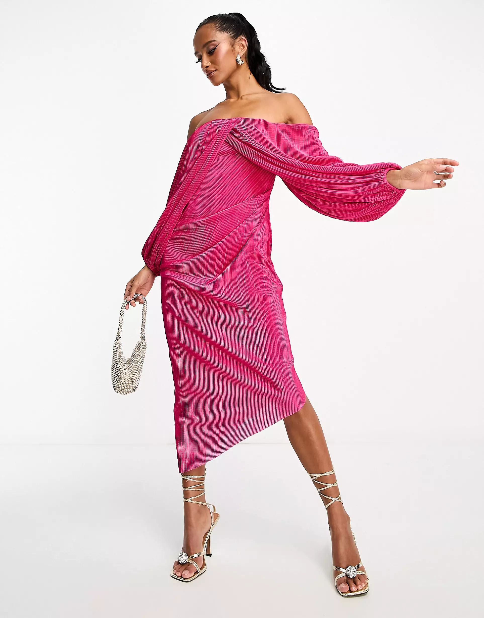ASOS DESIGN Petite plisse overlay midi dress with open back detail in pink | ASOS (Global)