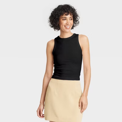 Women's Slim Fit Cropped Ribbed Tank Top - A New Day™ Black S: Cotton Modal Spandex Blend, Crew Neck, Knit | Target
