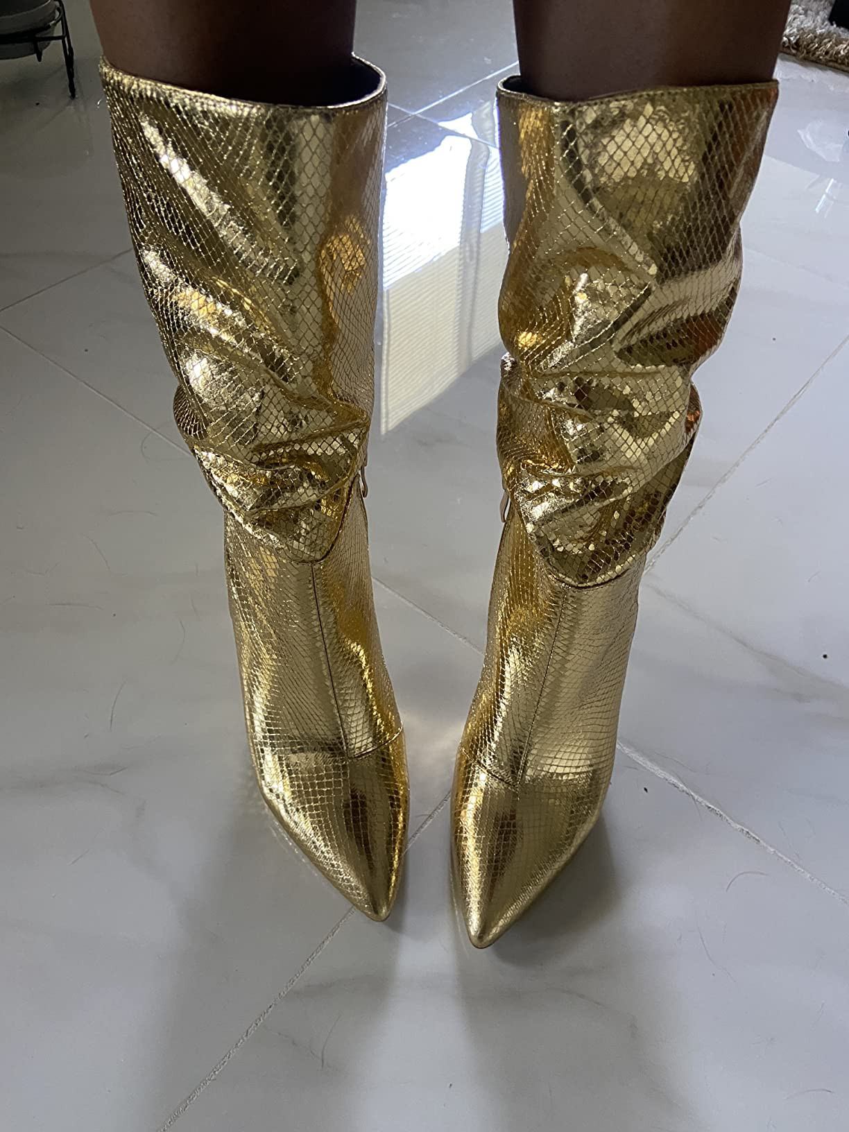 Modatope Mid Calf Boots for Women Sparkly Boots Metallic Snakeskin Zipper Boots Stiletto Pointed ... | Amazon (US)