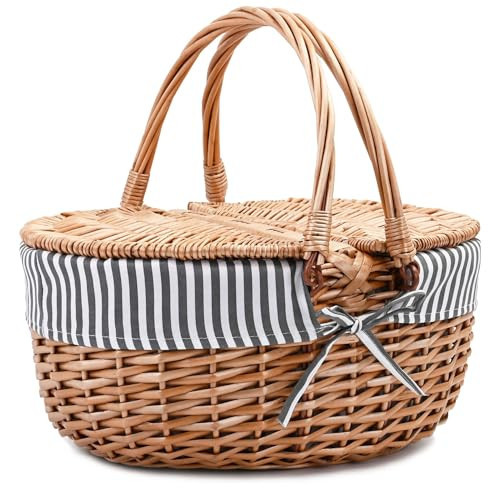 Wicker Picnic Basket with Lid and Handle Sturdy Woven Body with Washable Lining,Grey Stripe | Amazon (US)