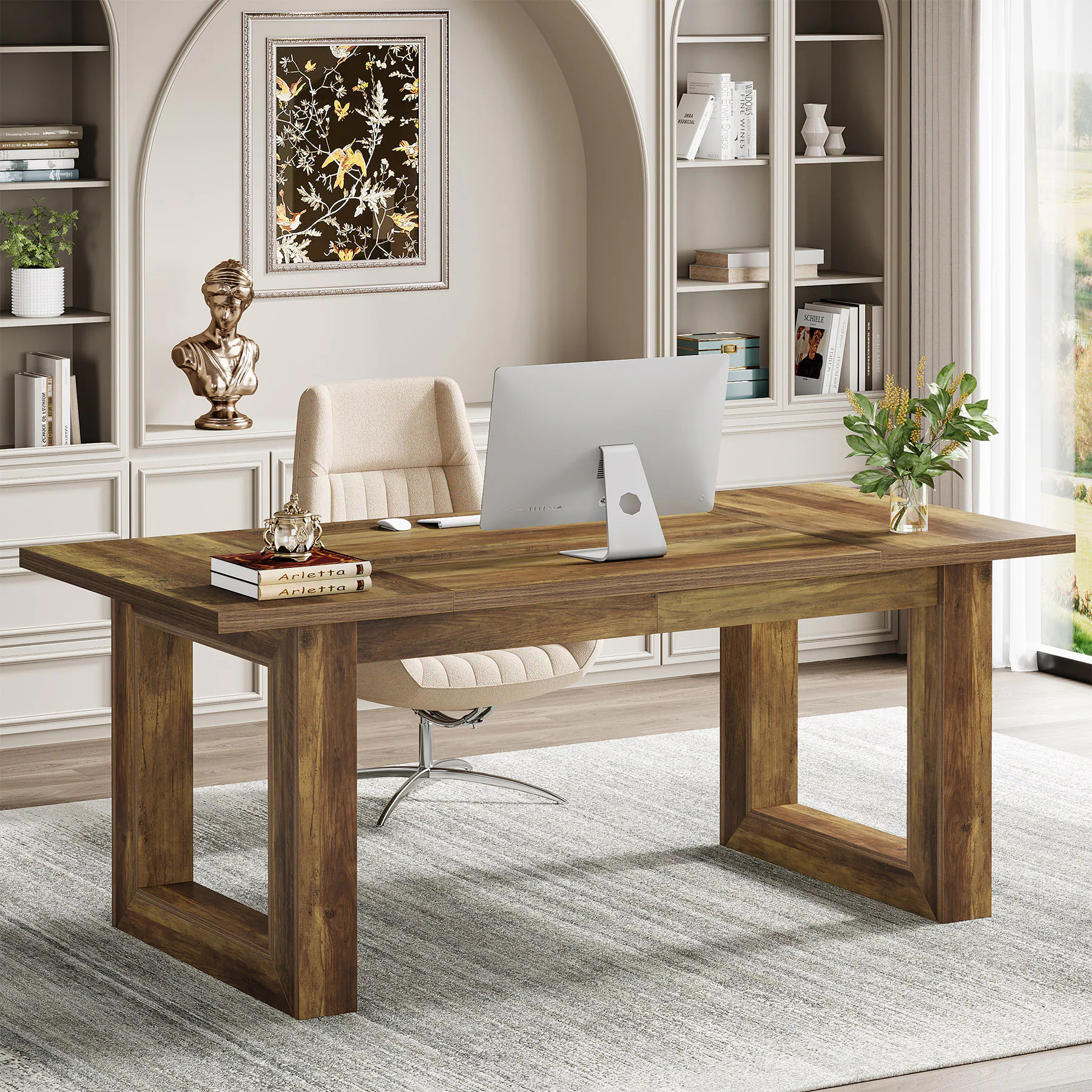 Tribesigns 63-Inch Executive Desk Modern Wood Office Desk Large Computer Table with Wooden Base Work Desk for Home Office (Brown) | LWSC-RY0207 | Lowe's