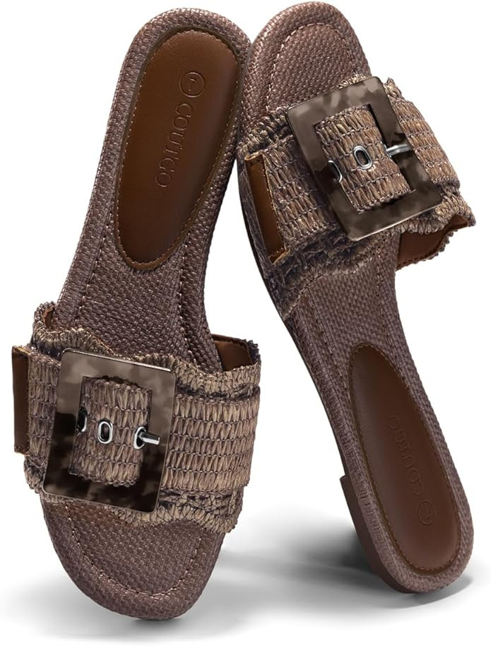 Coutgo Womens Flat Sandals Raffia Slip On Slide Sandal Square Open Toe Buckle Summer Beach Shoes ... | Amazon (US)