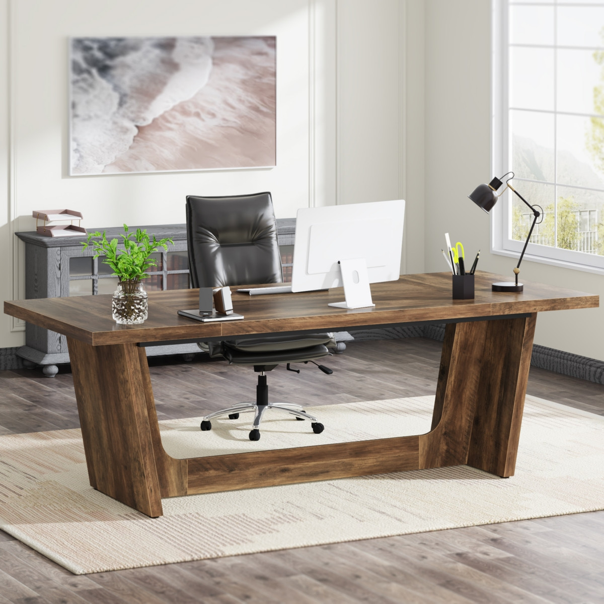 Tribesigns 70.87-Inch Executive Computer Desk: Large Home Office Desk with Solid Wooden Pedestal, Industrial Wood Study Writing Table, Brown - Brown | Macy's