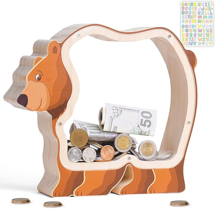 Wooden Bear Piggy Bank for Kids, Brown Bear Piggy Bank with Acrylic Panels, Unbreakable Toddler M... | Amazon (US)
