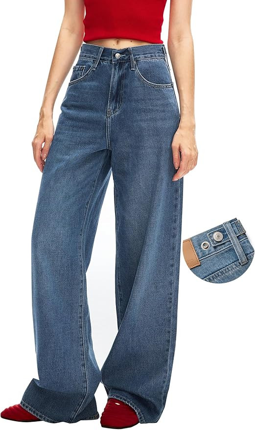 Women's Adjustable Wasit Baggy Jeans with Snap-Button Waistband Wide Straight Leg High Rise Jeans... | Amazon (US)