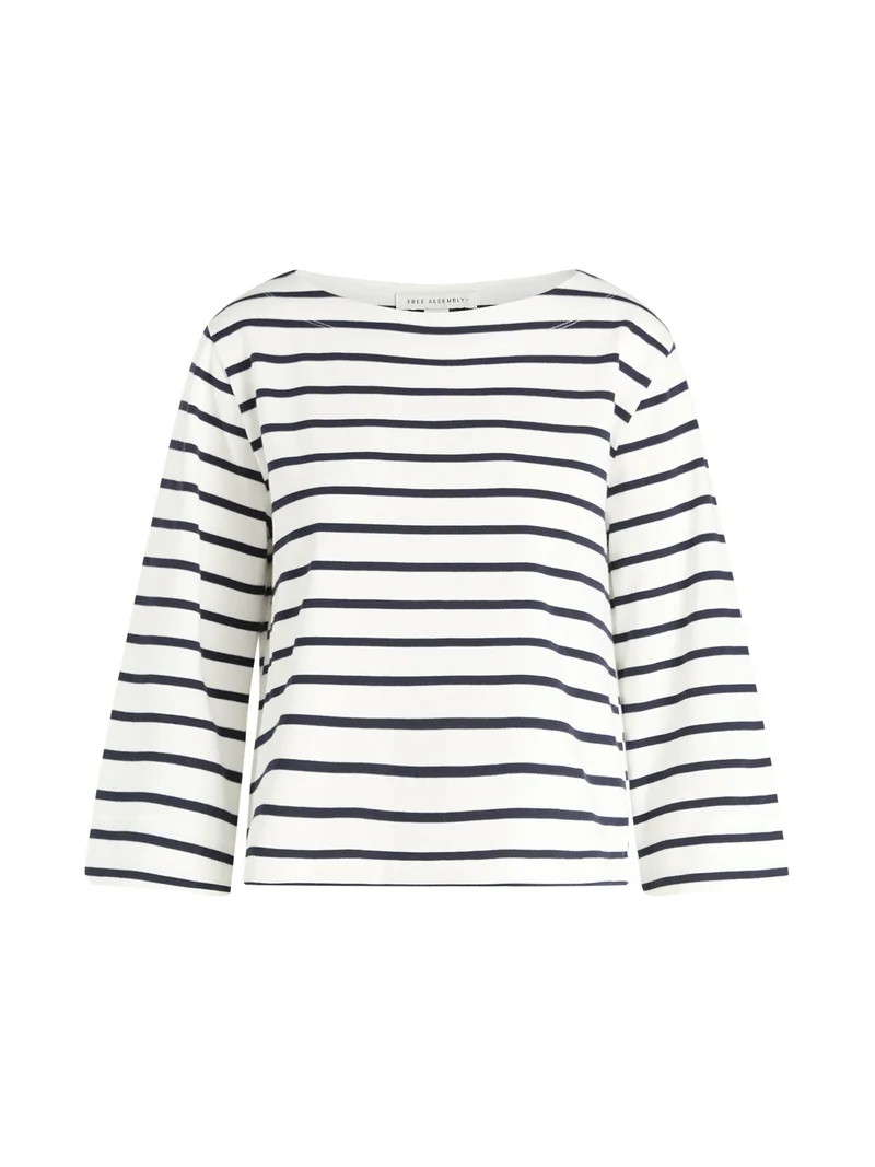 Free Assembly Women's and Women's Plus Striped Cotton Boatneck Tee with 3/4-Length Sleeves, Sizes... | Walmart (US)